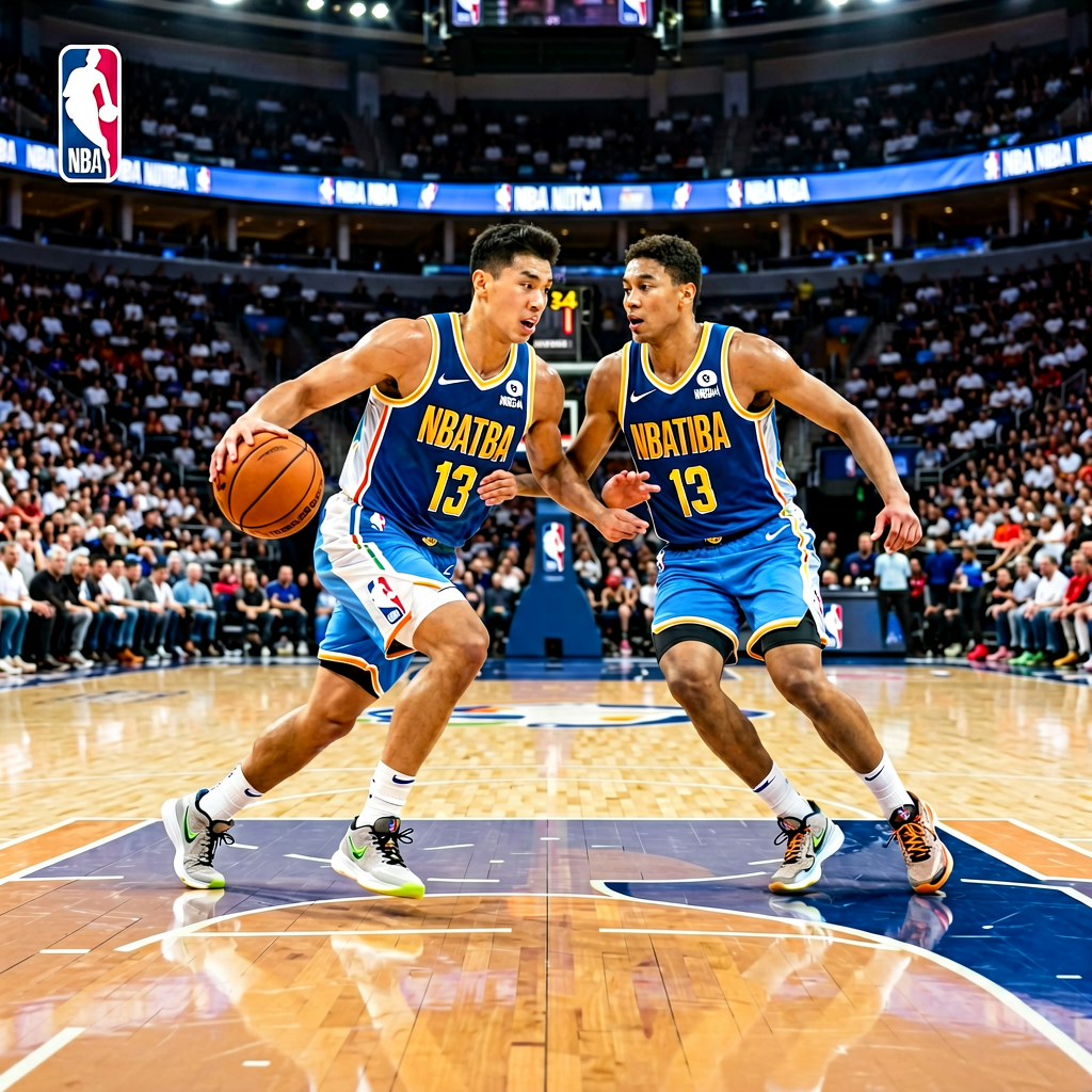 NBA篮球比赛现场，球员在球场上快速突破，体现职业篮球的高强度对抗